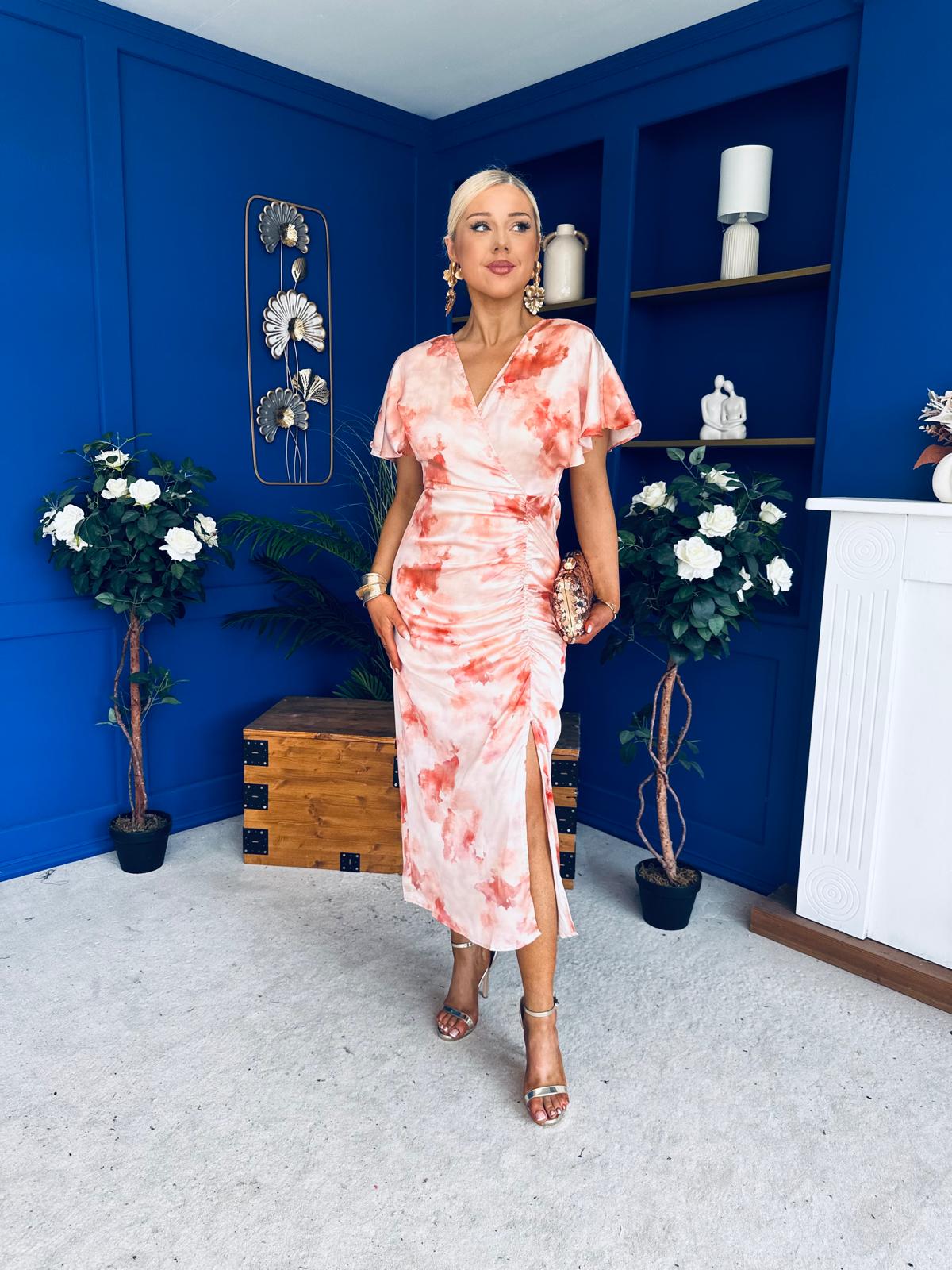 Priscilla Wrap Over Ruched Detail Midi Dress Coral Marble