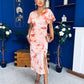 Priscilla Wrap Over Ruched Detail Midi Dress Coral Marble