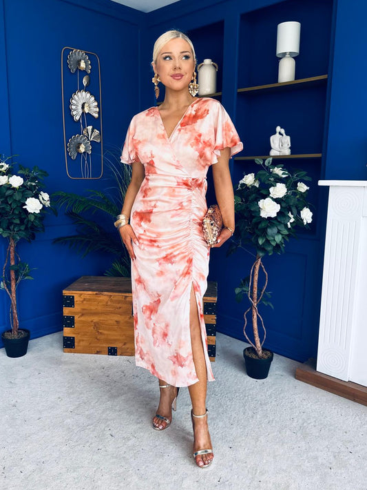 Priscilla Wrap Over Ruched Detail Midi Dress Coral Marble