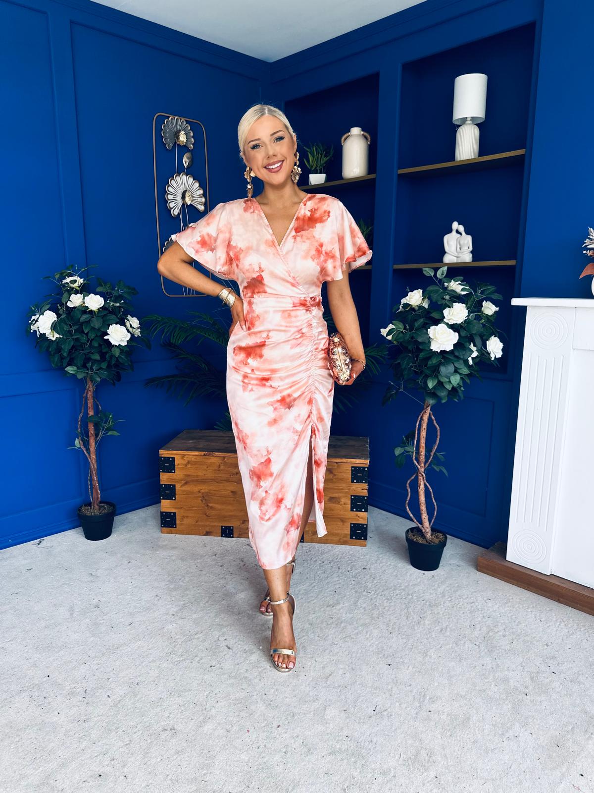 Priscilla Wrap Over Ruched Detail Midi Dress Coral Marble