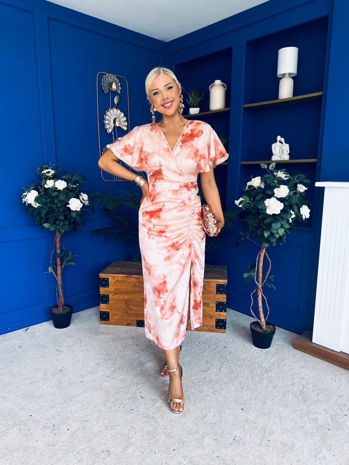 Priscilla Wrap Over Ruched Detail Midi Dress Coral Marble