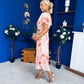 Priscilla Wrap Over Ruched Detail Midi Dress Coral Marble