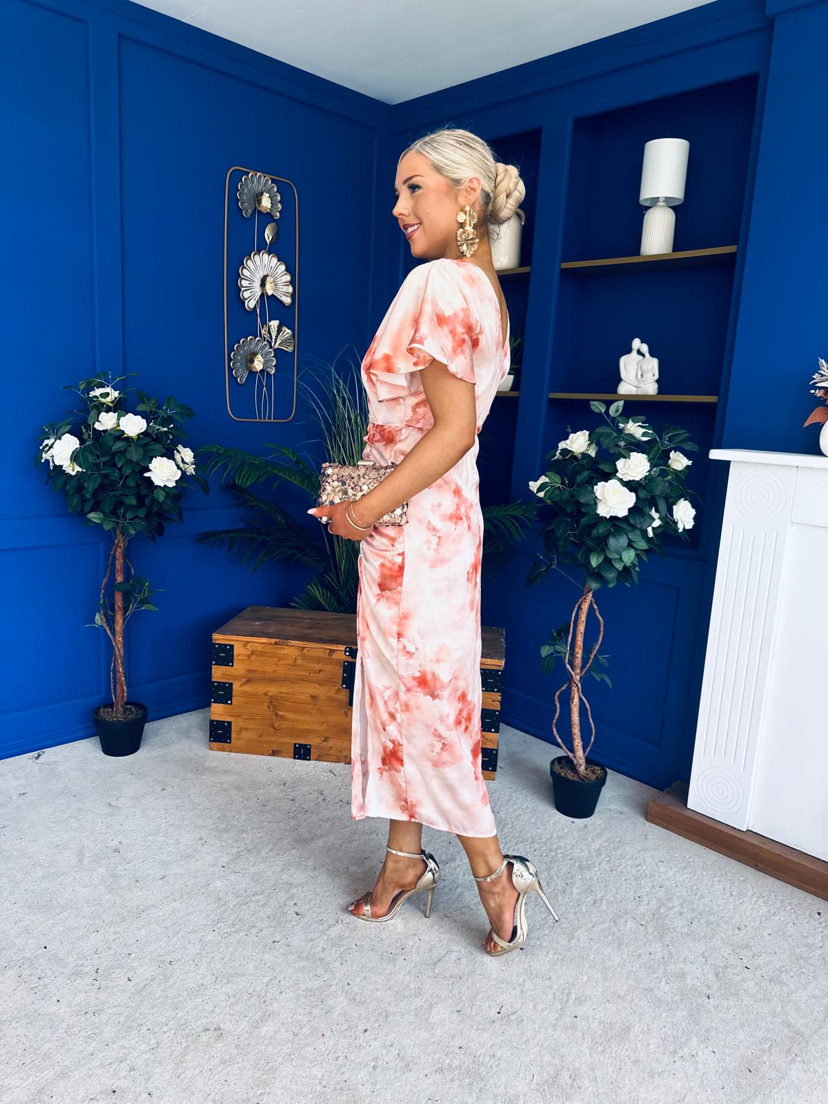 knee length dresses for ladies Priscilla Wrap Over Ruched Detail Midi Dress Coral Marble – Canella Lane