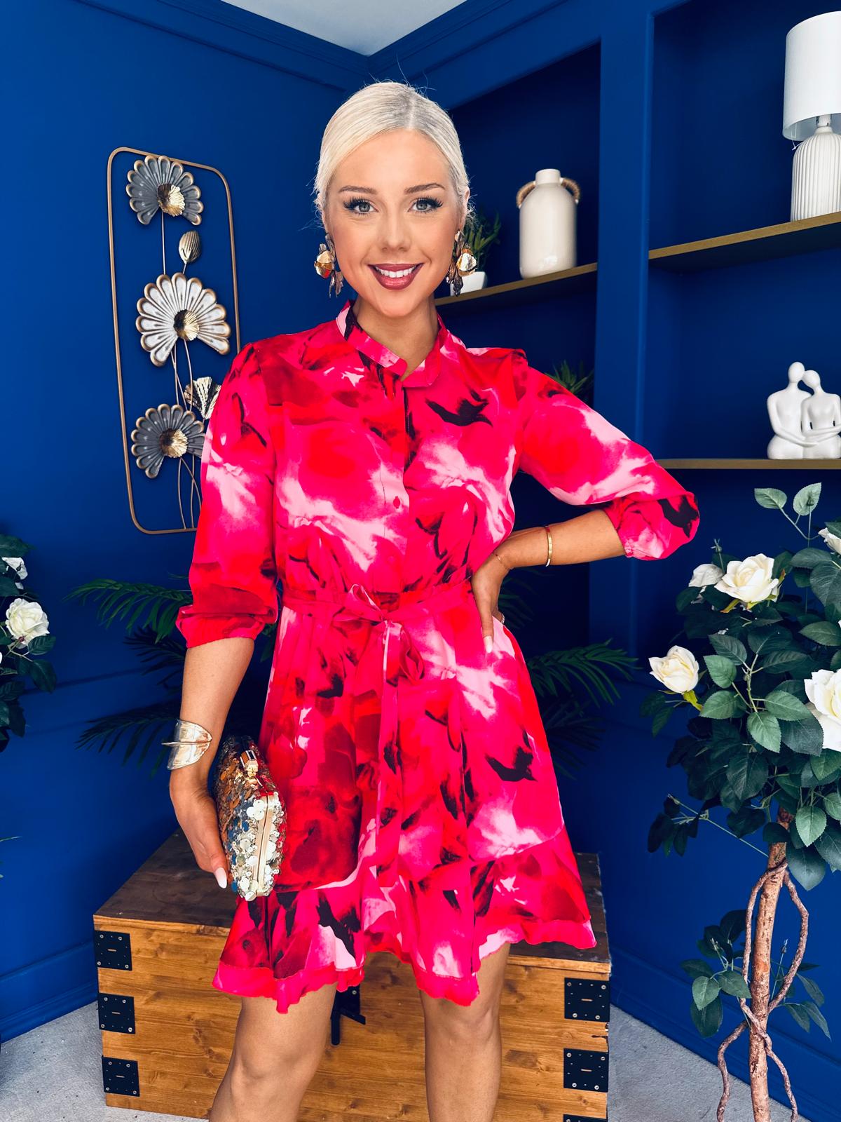 Ashton Frill Detail Mini Dress Floral Pink