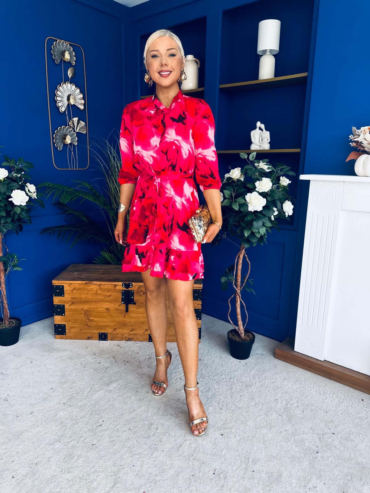 Ashton Frill Detail Mini Dress Floral Pink