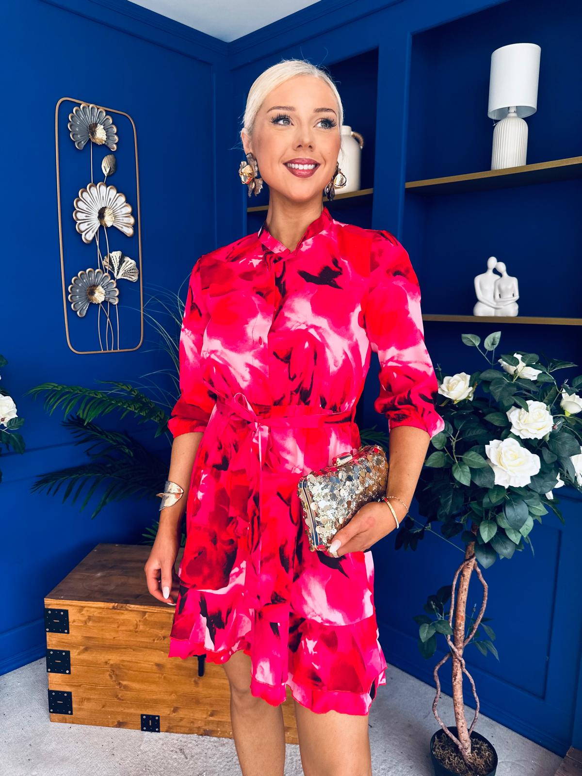 Ashton Frill Detail Mini Dress Floral Pink