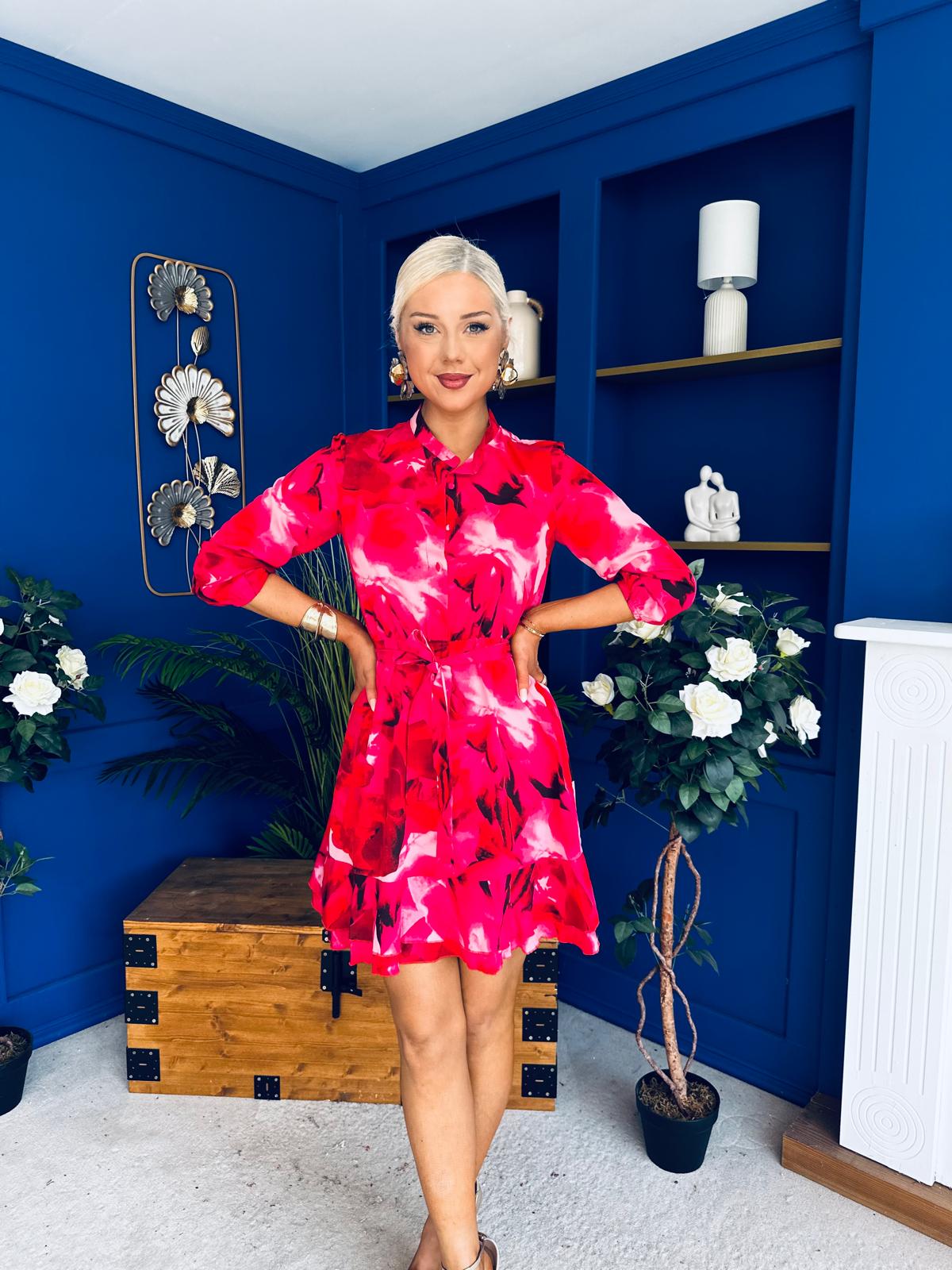 Ashton Frill Detail Mini Dress Floral Pink