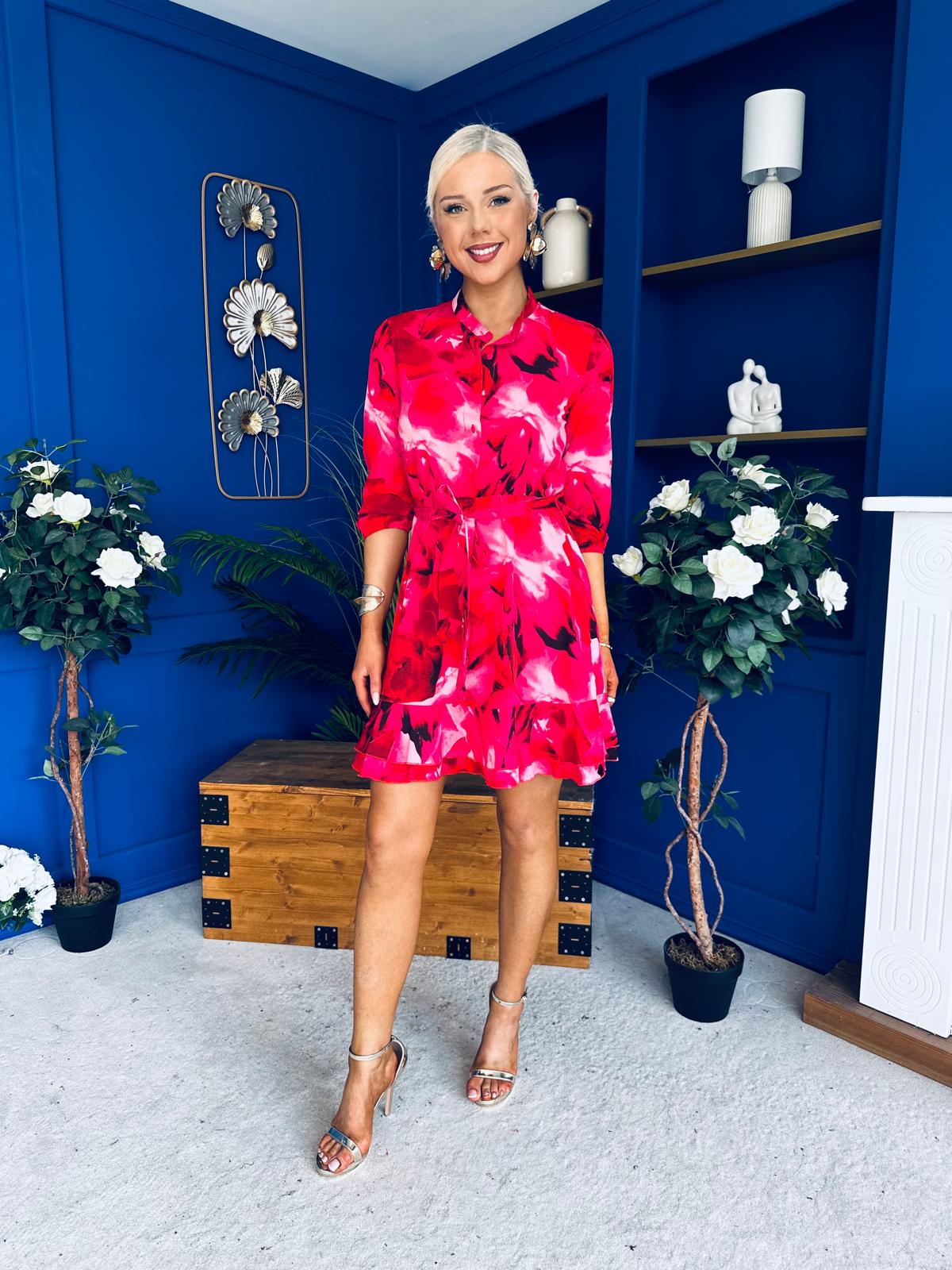 Ashton Frill Detail Mini Dress Floral Pink