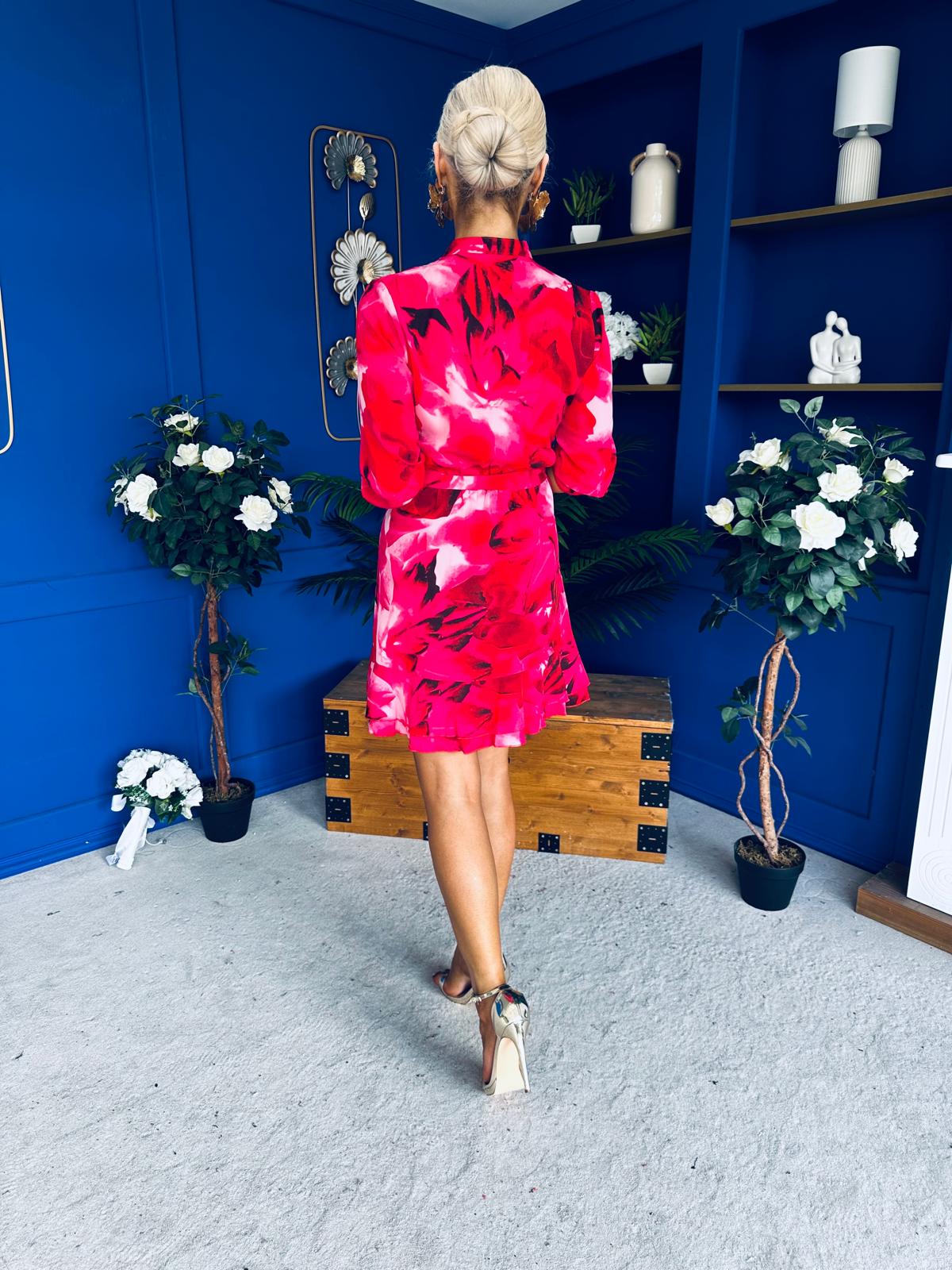 Ashton Frill Detail Mini Dress Floral Pink