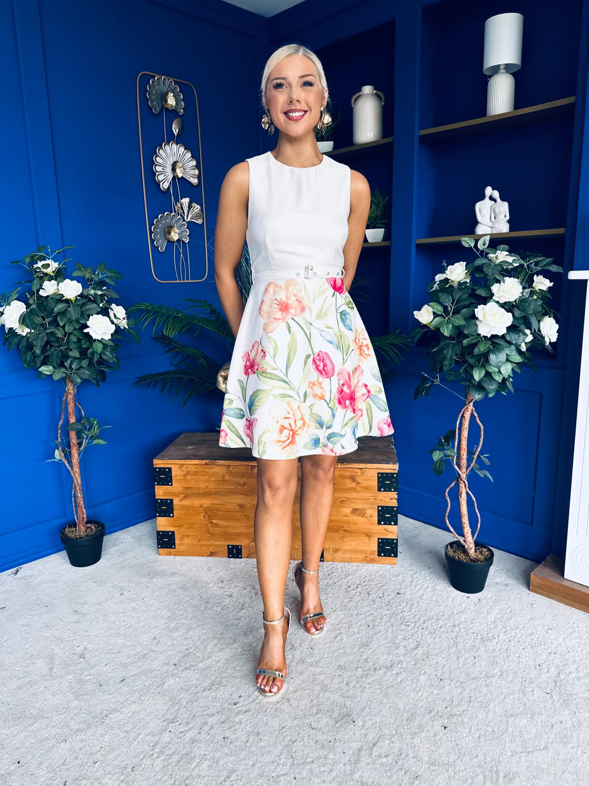 Tabea Belted Mini Dress Floral Cream