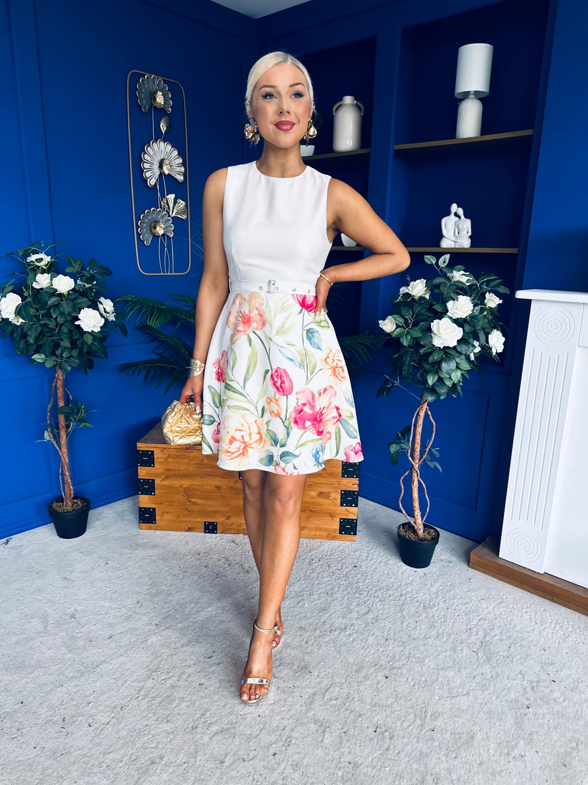 Tabea Belted Mini Dress Floral Cream