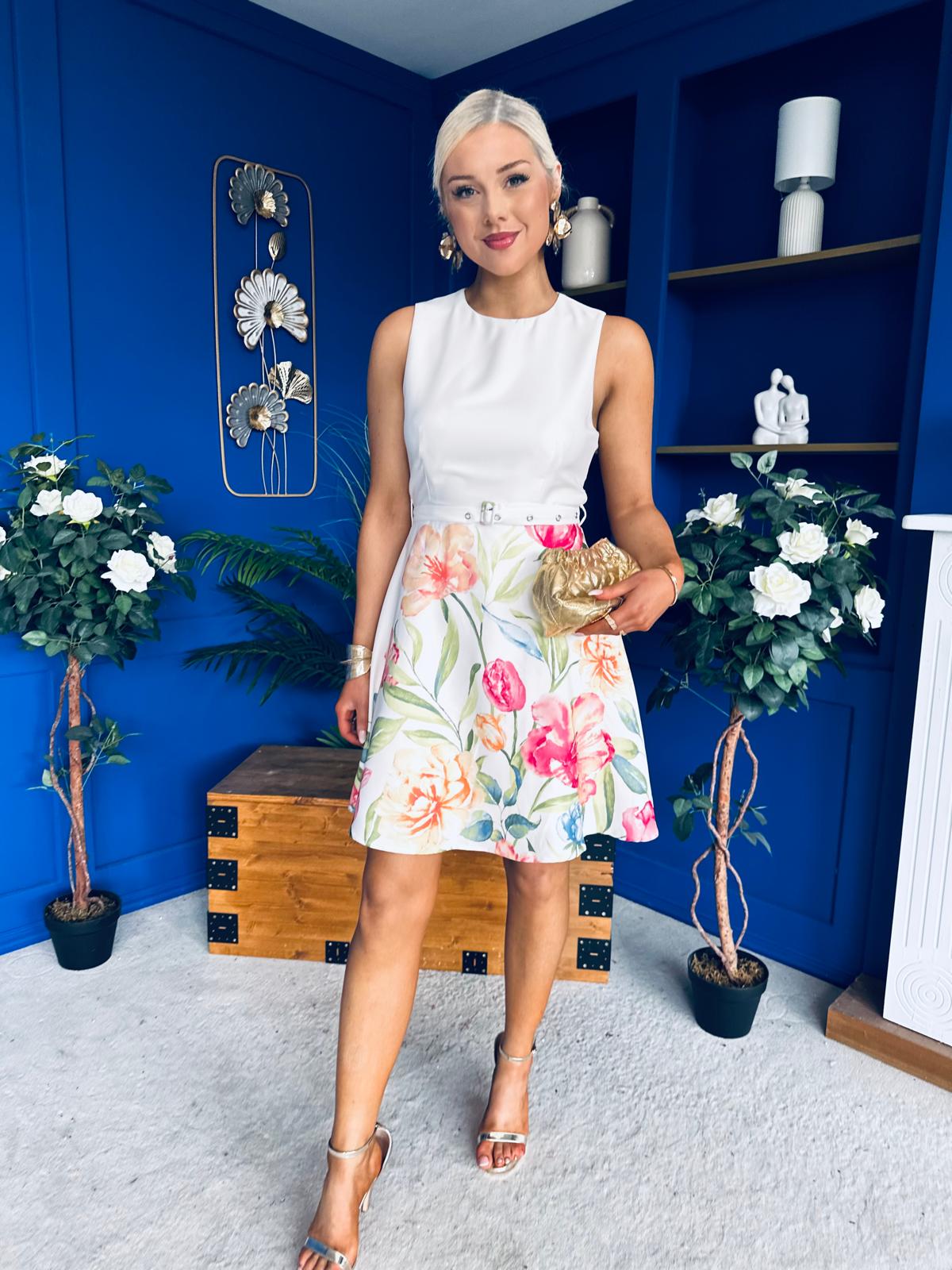 Tabea Belted Mini Dress Floral Cream