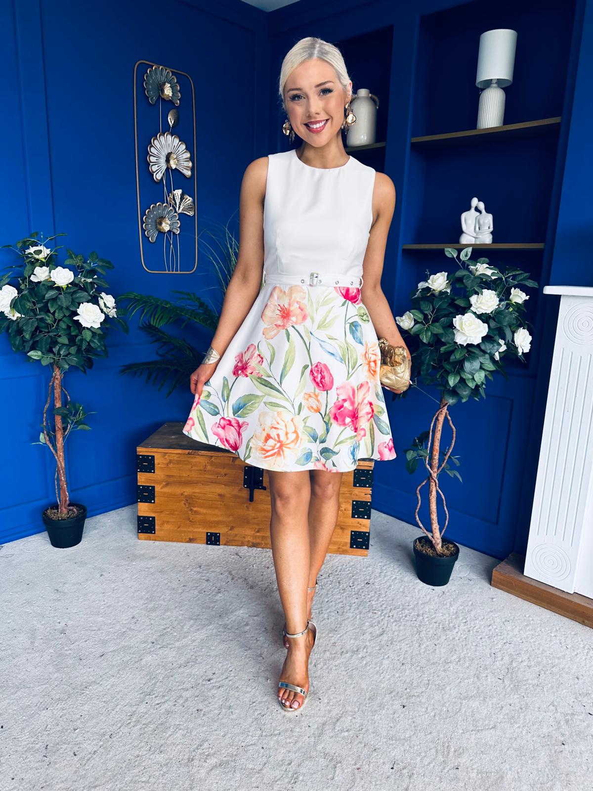 Tabea Belted Mini Dress Floral Cream