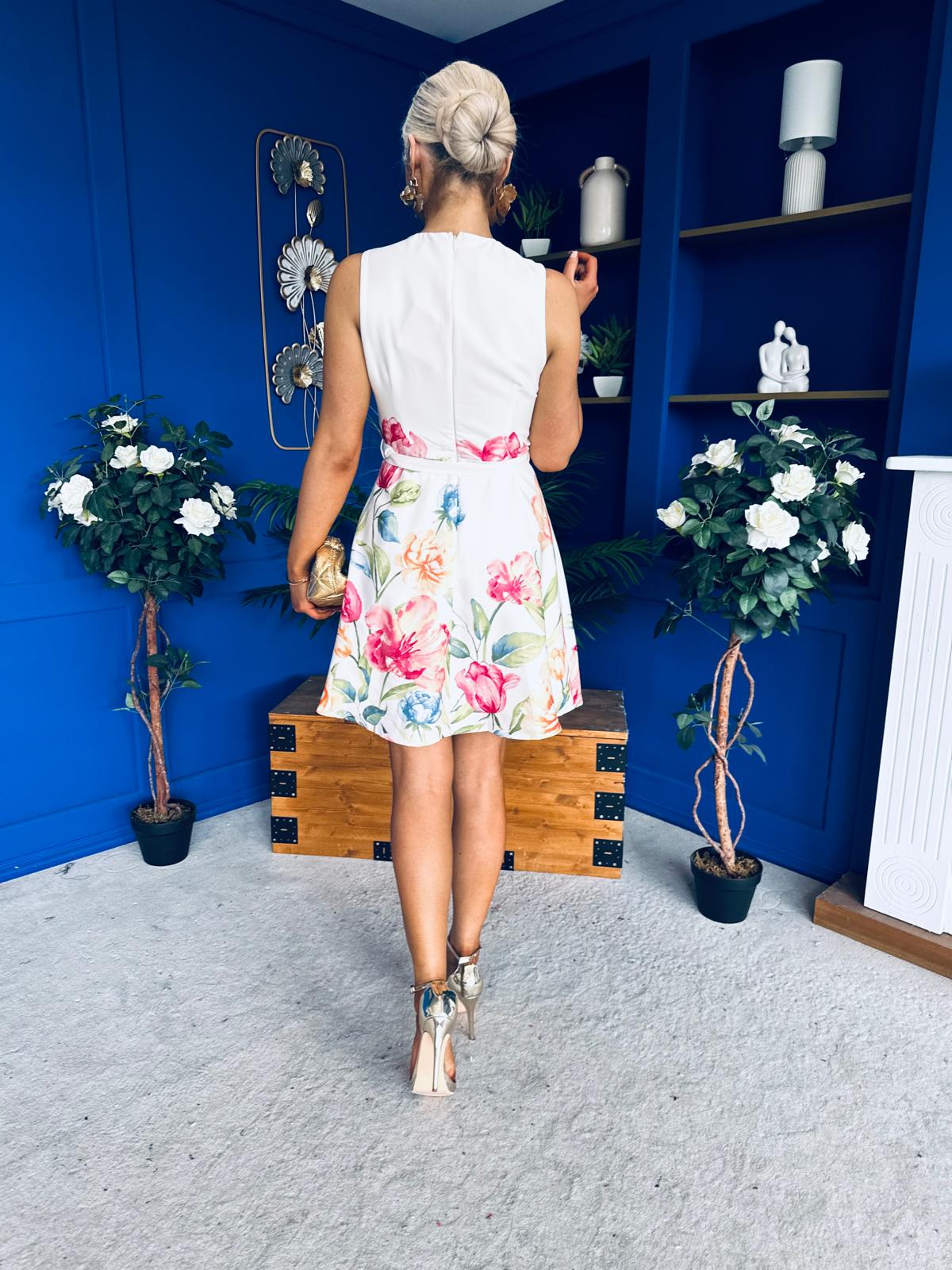 Tabea Belted Mini Dress Floral Cream