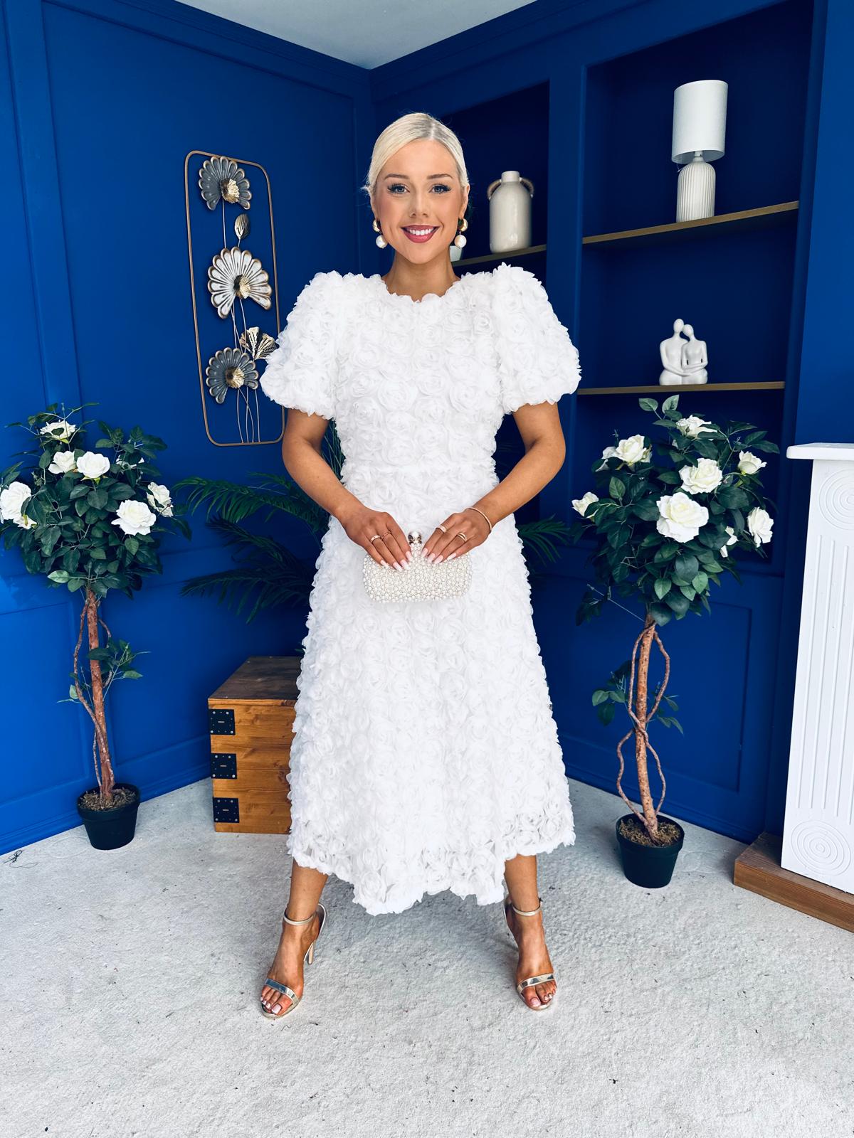 Pippa 3D Floral Occasion Dress White