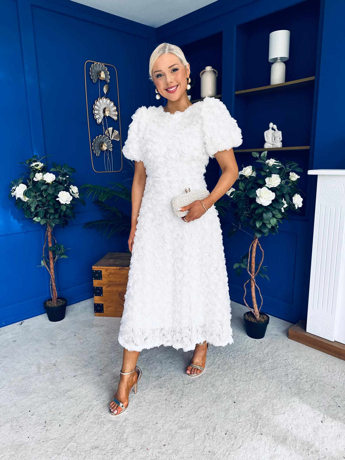 Pippa 3D Floral Occasion Dress White