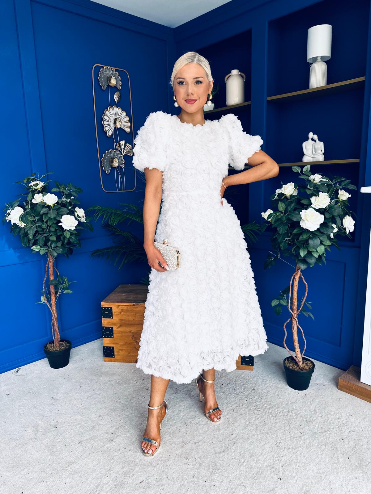 Pippa 3D Floral Occasion Dress White