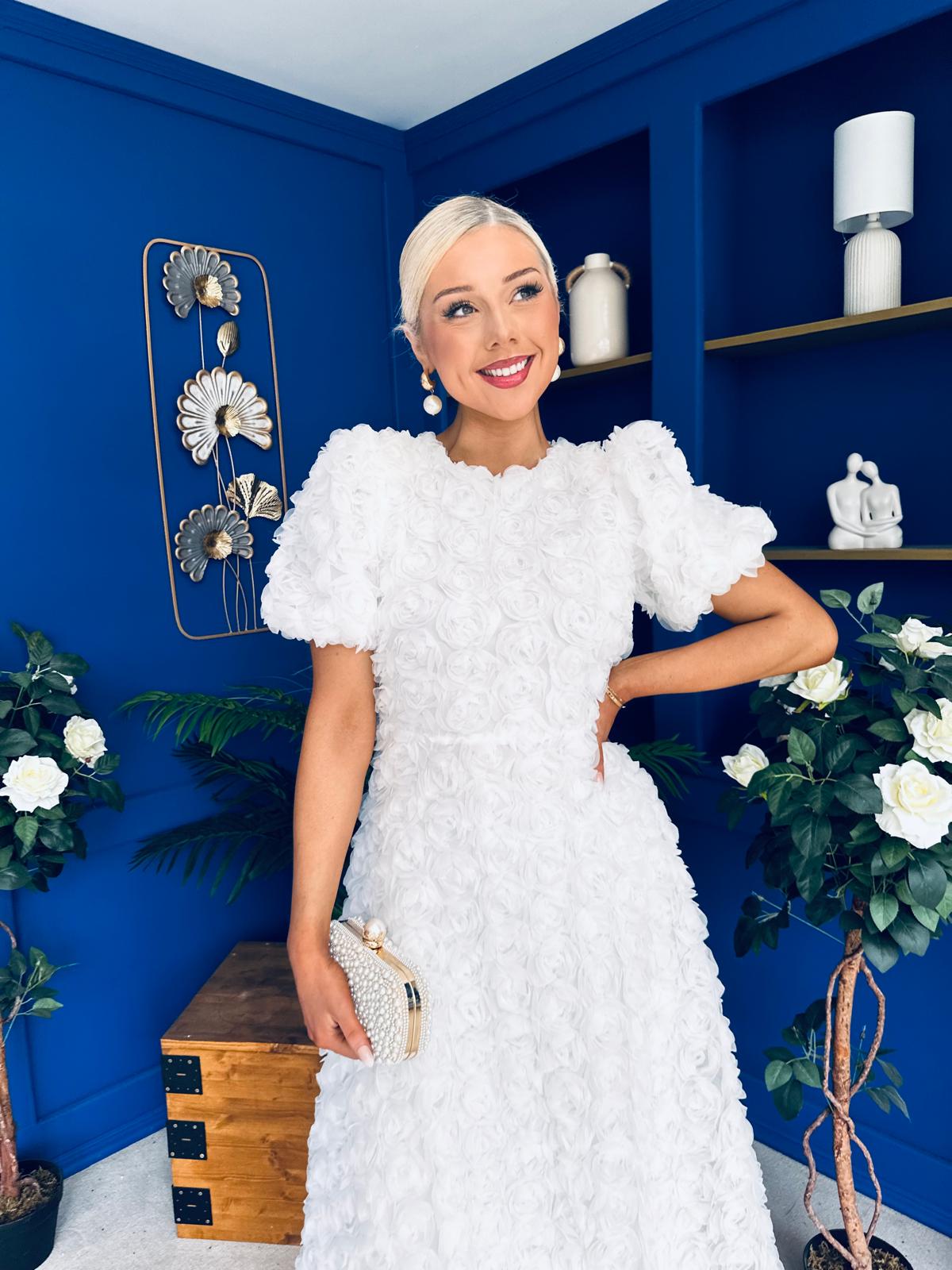Pippa 3D Floral Occasion Dress White