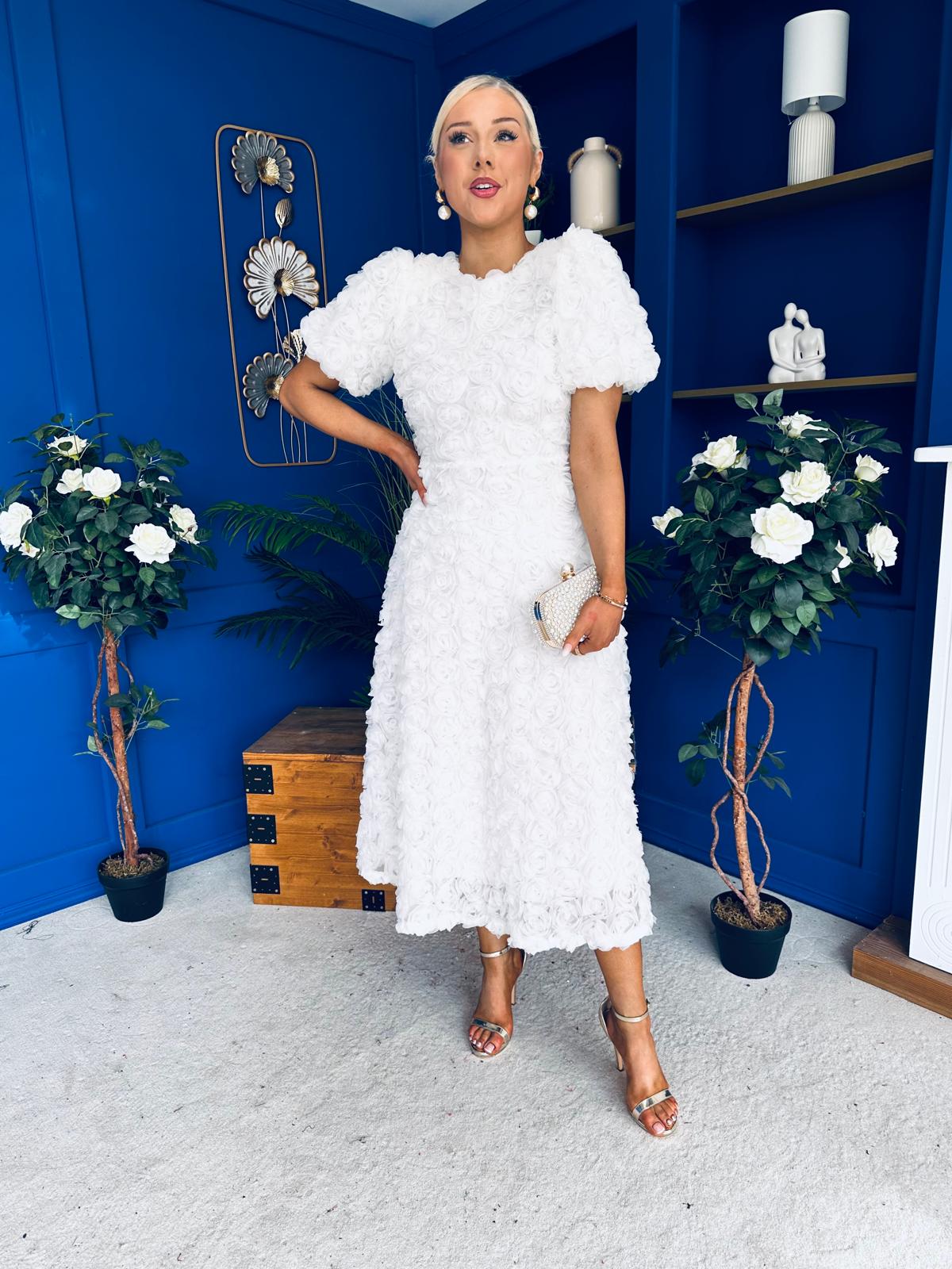 Pippa 3D Floral Occasion Dress White