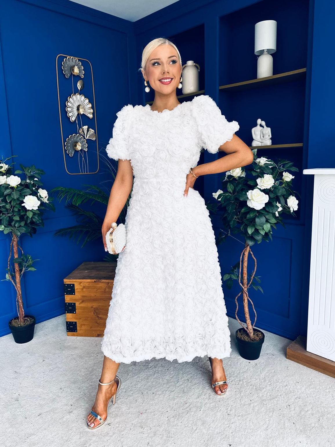 Pippa 3D Floral Occasion Dress White
