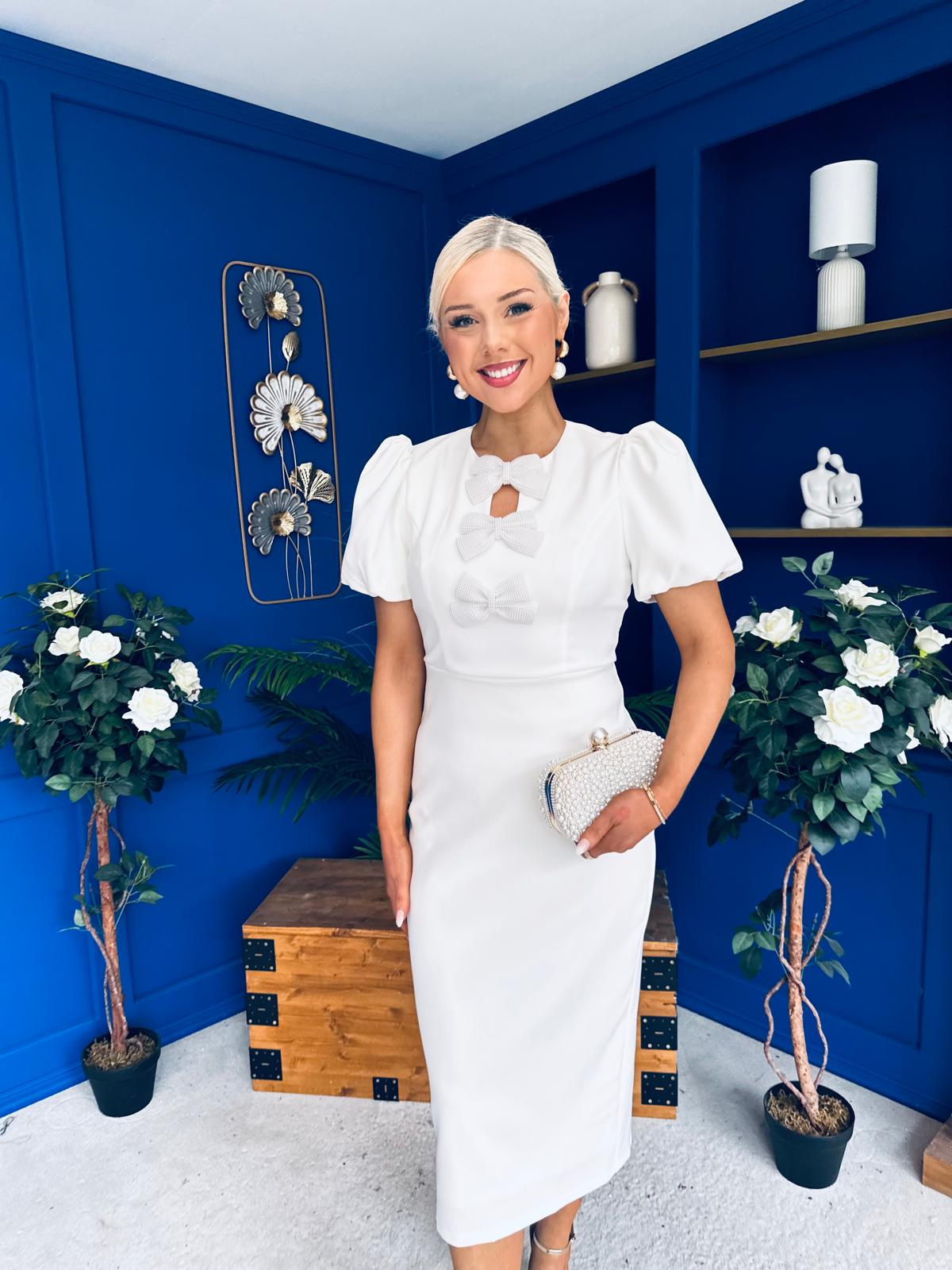 Emma Cut Out Bow Midi Dress White