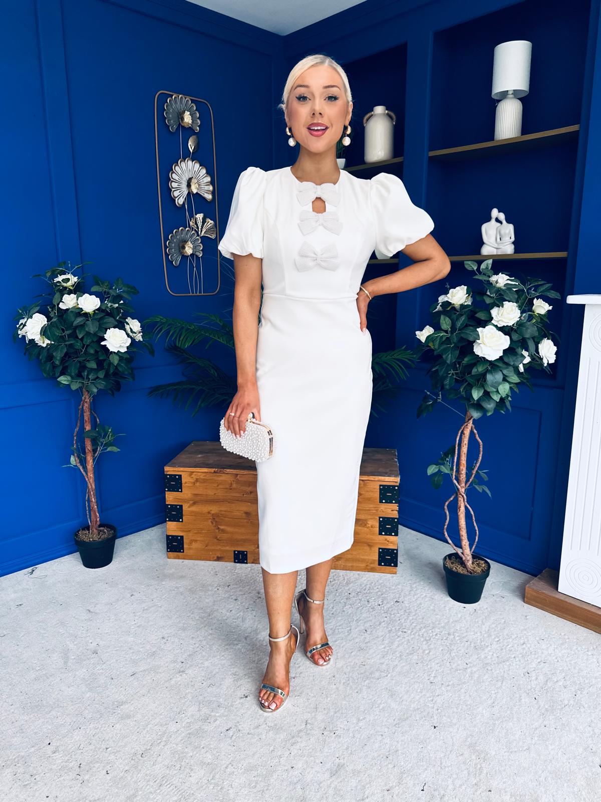 Emma Cut Out Bow Midi Dress White