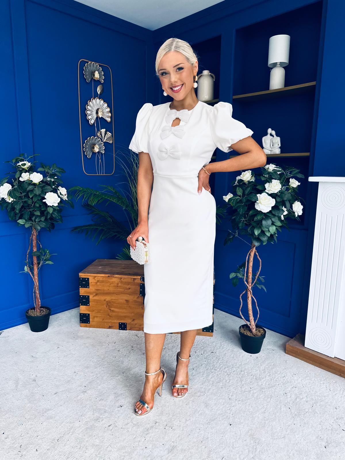Emma Cut Out Bow Midi Dress White