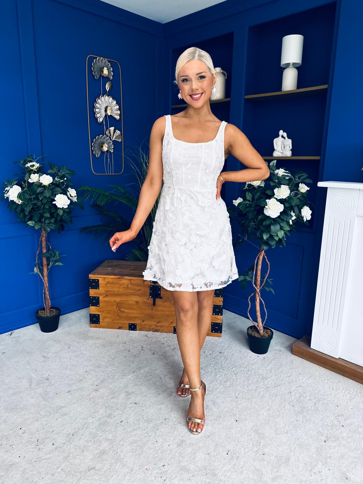 Celeste 3D Floral Square Neck Mini Dress Ivory
