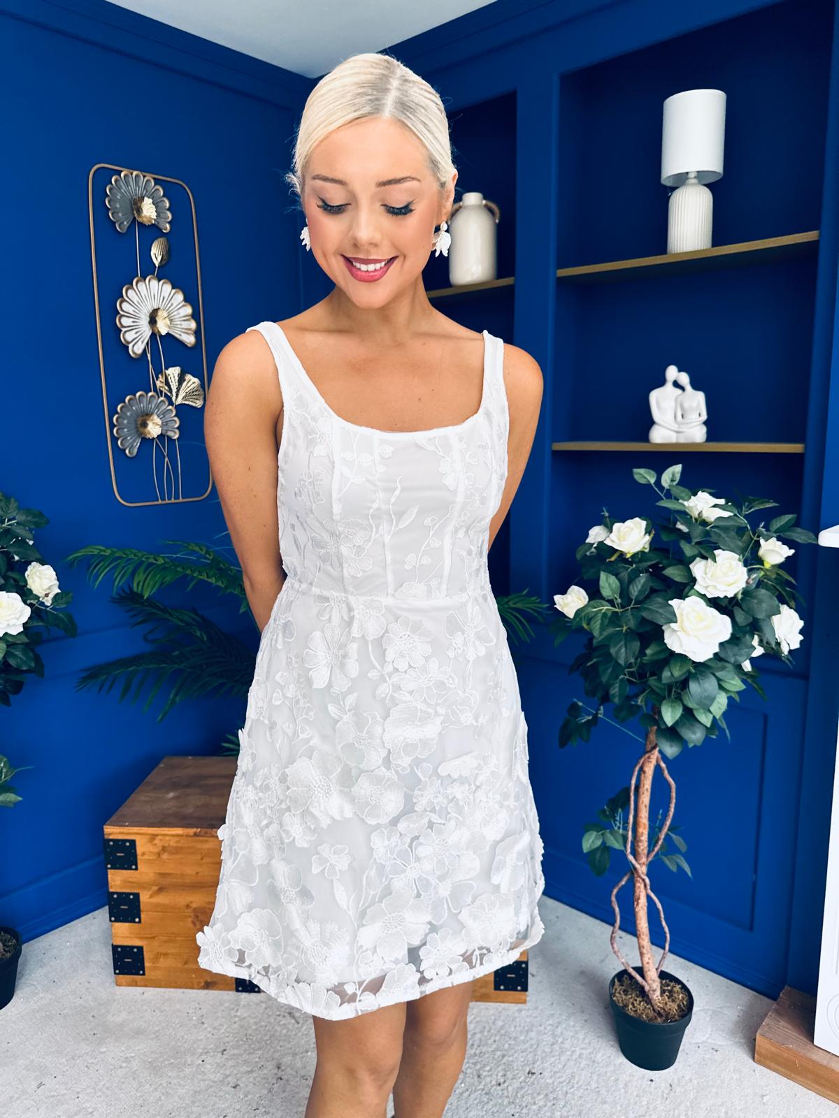 Celeste 3D Floral Square Neck Mini Dress Ivory