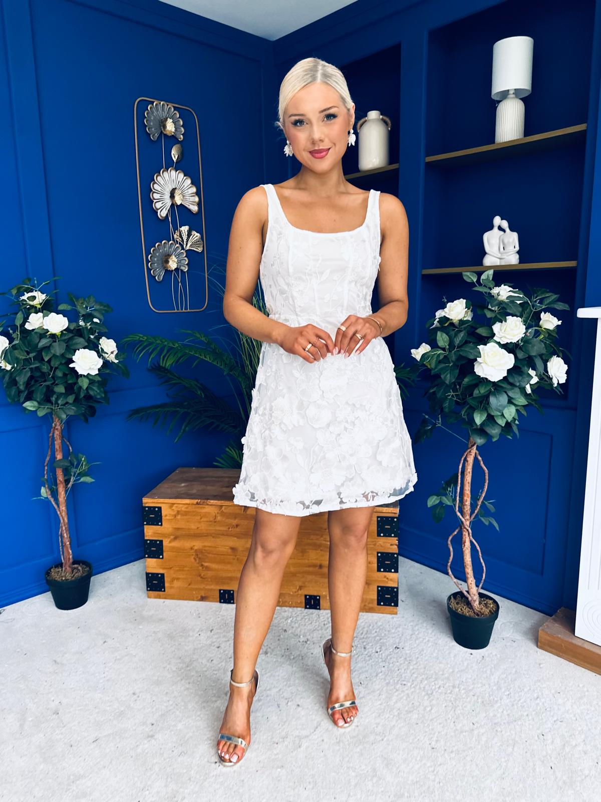 Celeste 3D Floral Square Neck Mini Dress Ivory