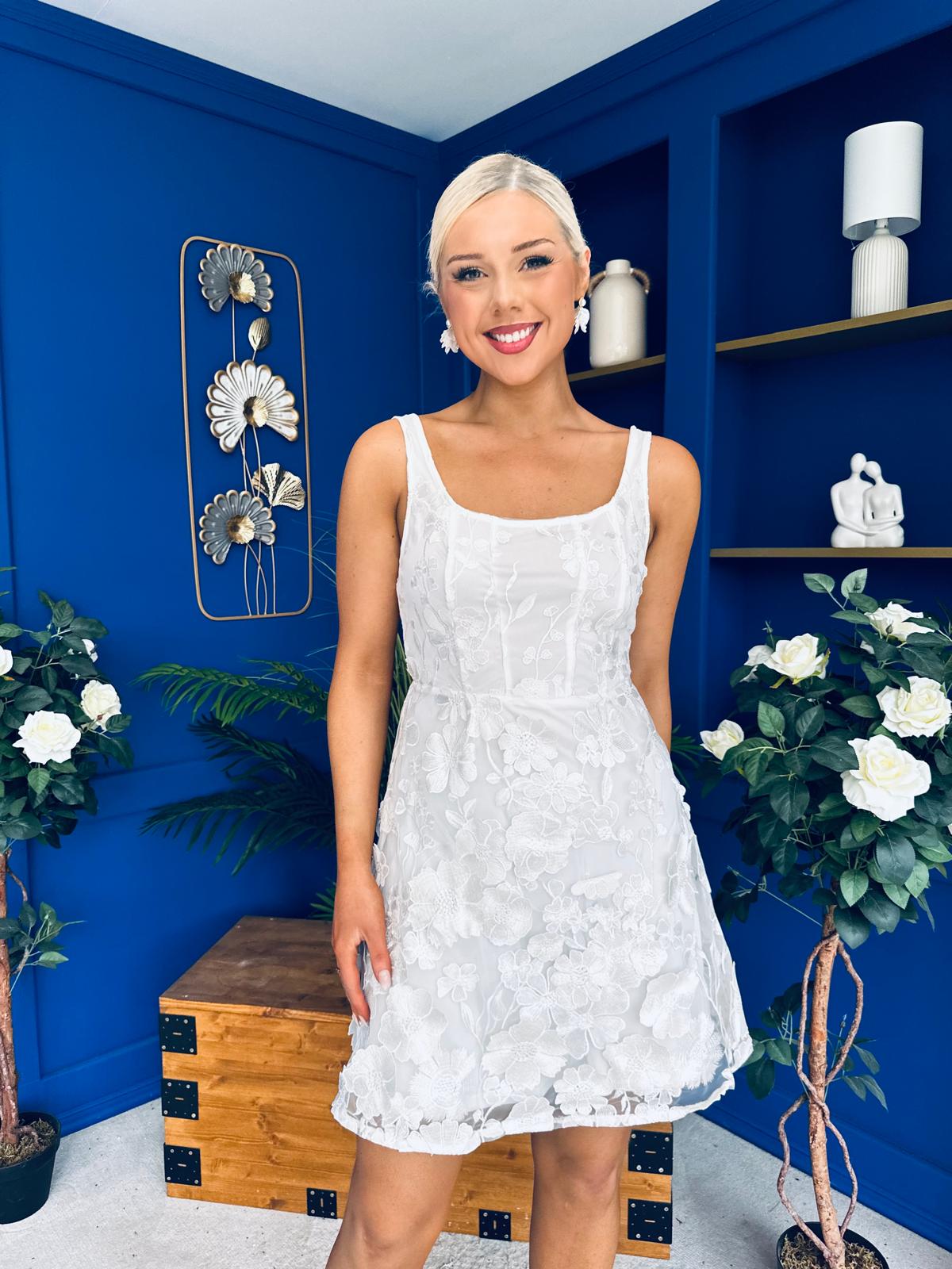 Celeste 3D Floral Square Neck Mini Dress Ivory