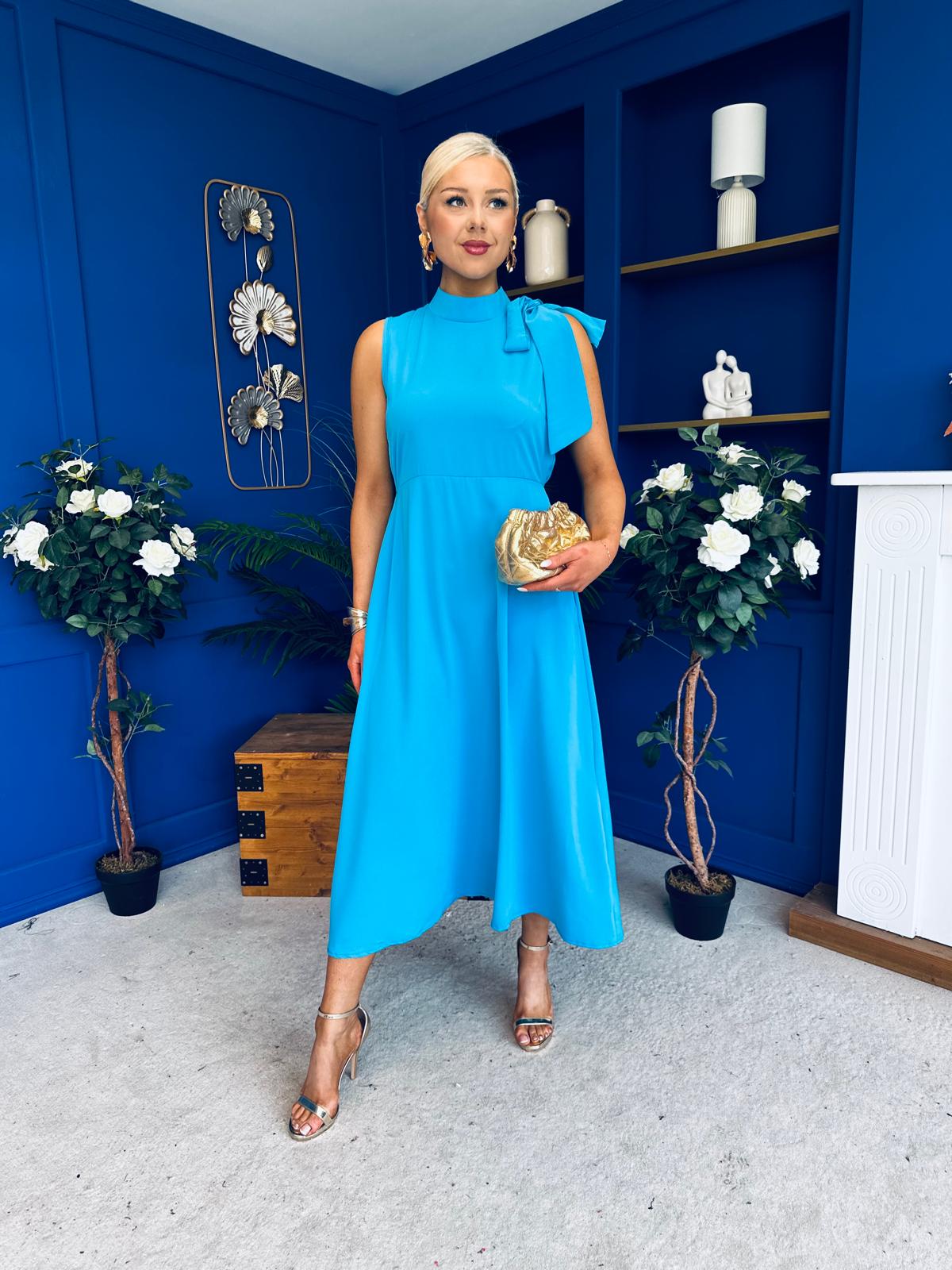 Joanna High Neck Bow Detail Midi Dress Cyan Blue