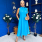Joanna High Neck Bow Detail Midi Dress Cyan Blue