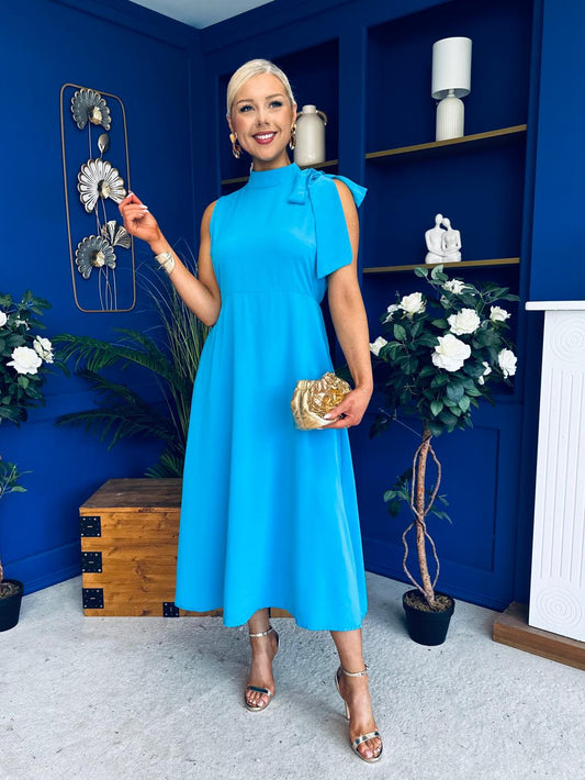 Joanna High Neck Bow Detail Midi Dress Cyan Blue