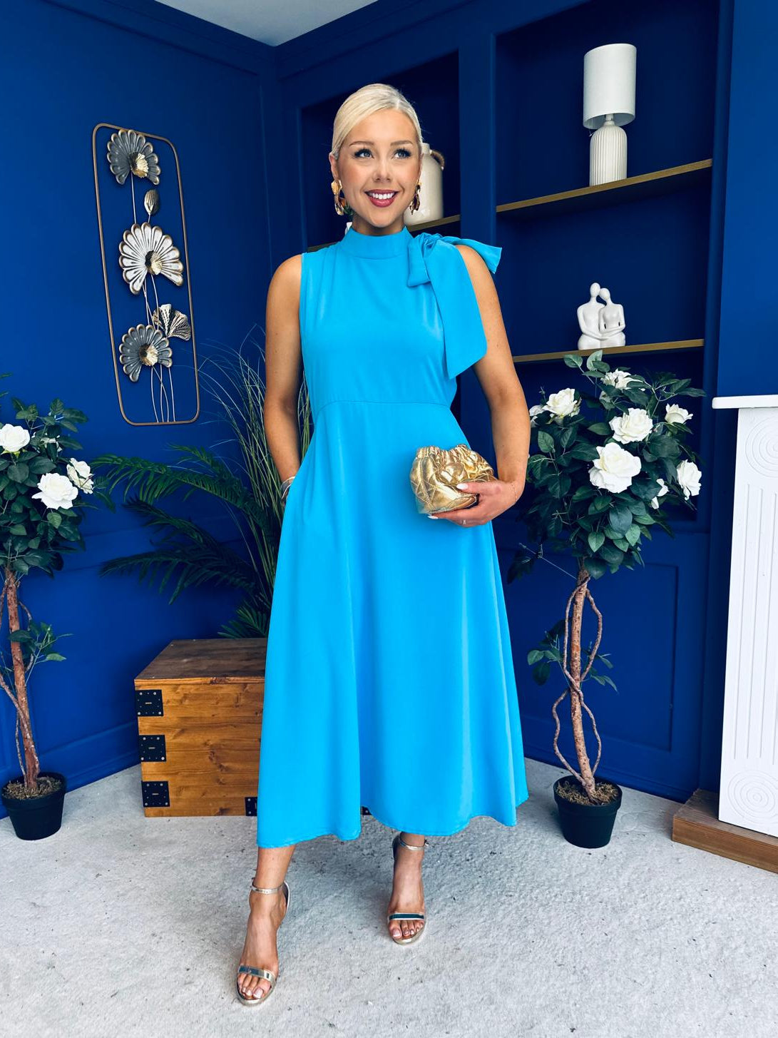 Joanna High Neck Bow Detail Midi Dress Cyan Blue