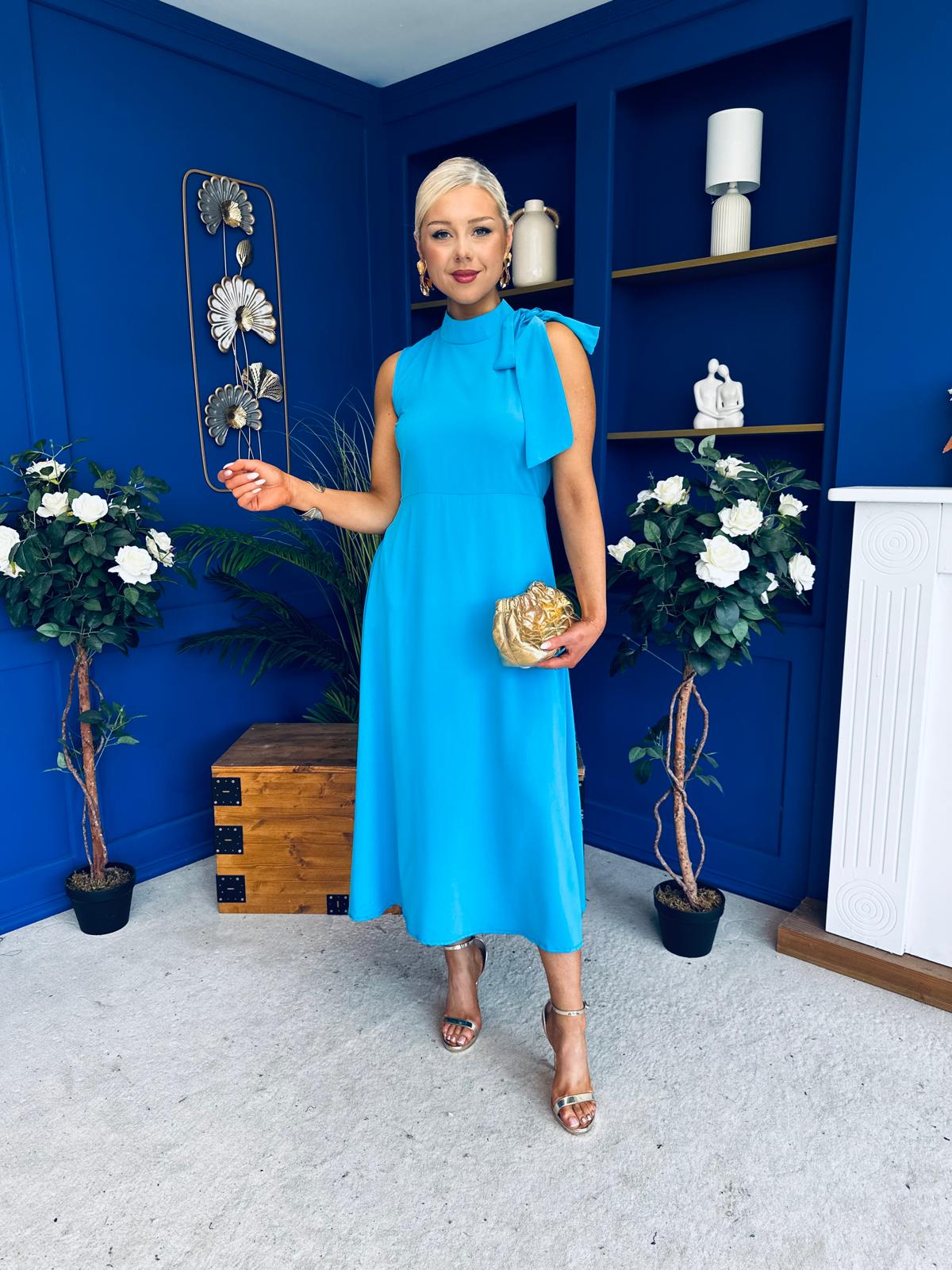 Joanna High Neck Bow Detail Midi Dress Cyan Blue