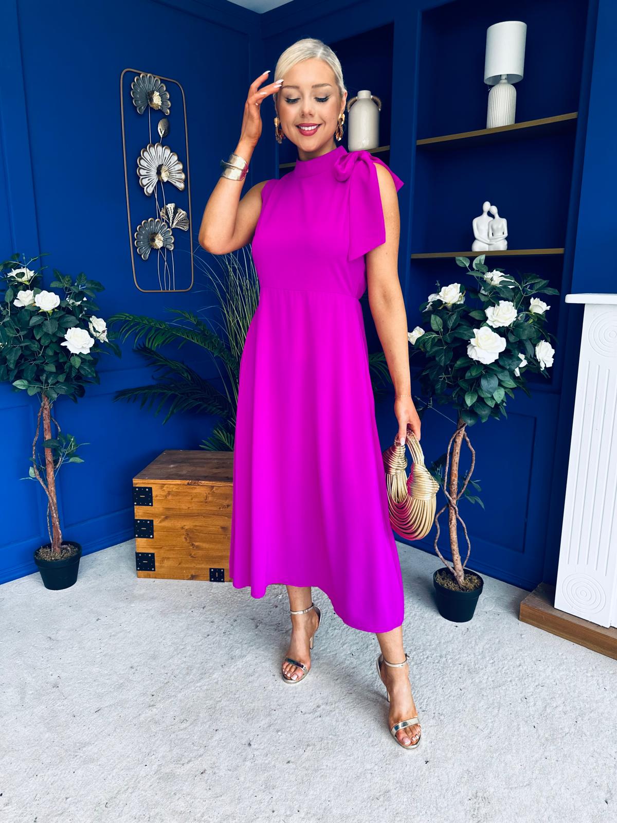 Joanna High Neck Bow Detail Midi Dress Orchid