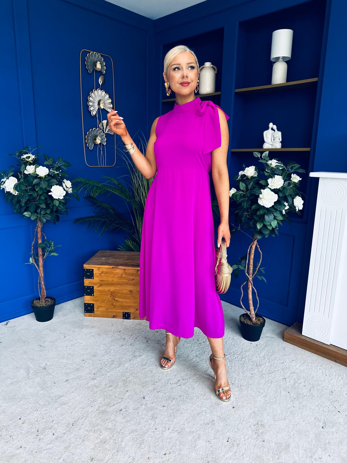 Joanna High Neck Bow Detail Midi Dress Orchid