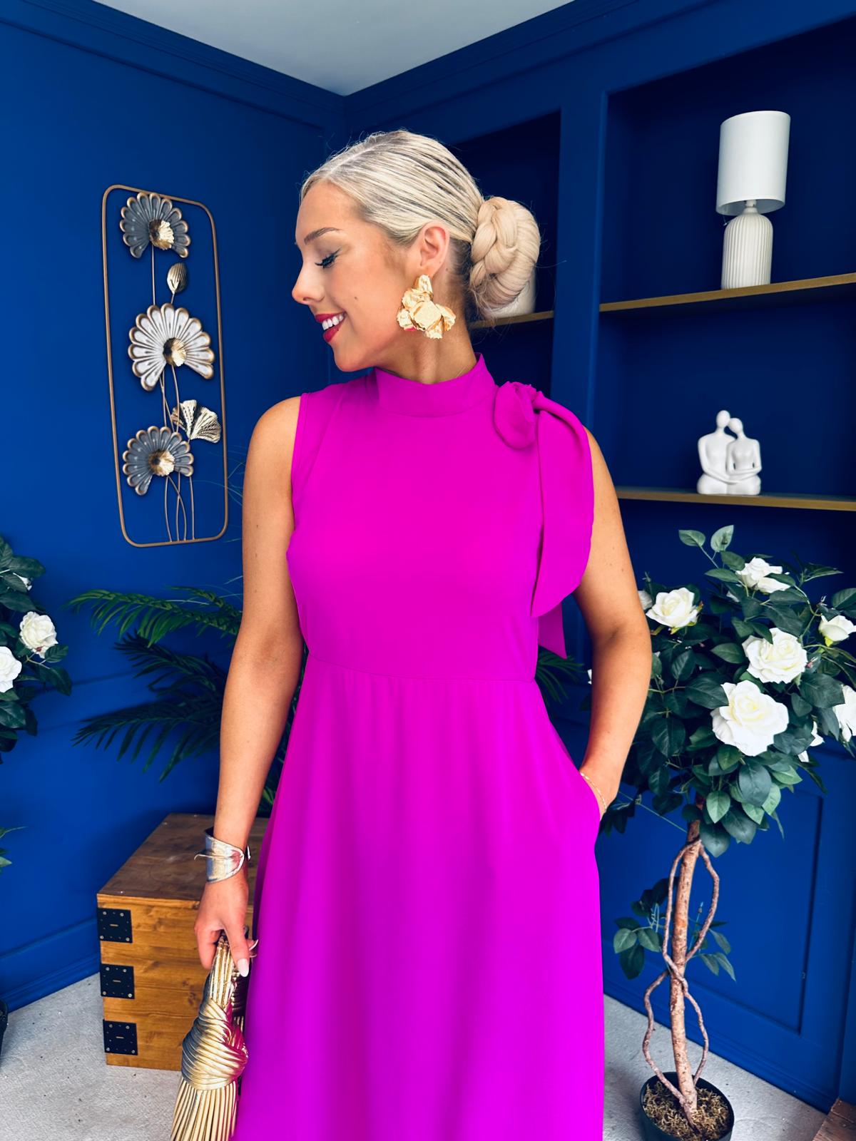Joanna High Neck Bow Detail Midi Dress Orchid