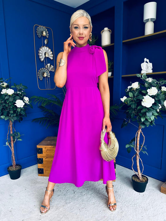 Joanna High Neck Bow Detail Midi Dress Orchid