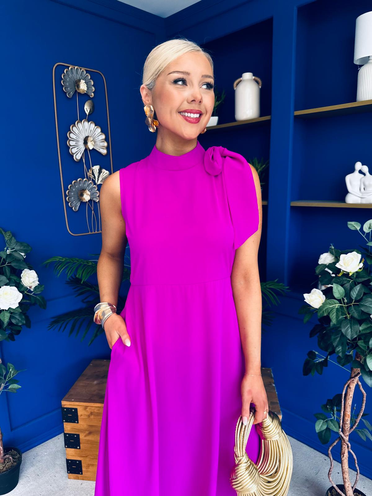 Joanna High Neck Bow Detail Midi Dress Orchid