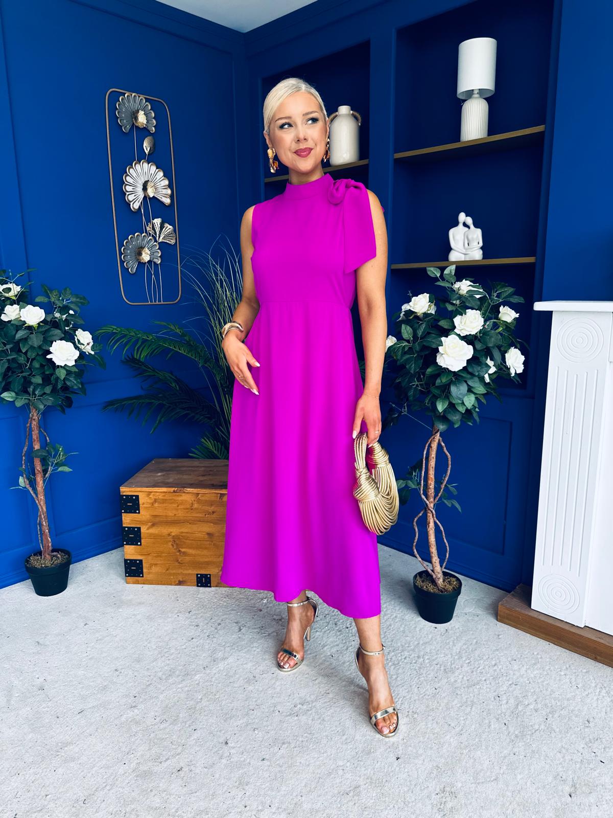 Joanna High Neck Bow Detail Midi Dress Orchid