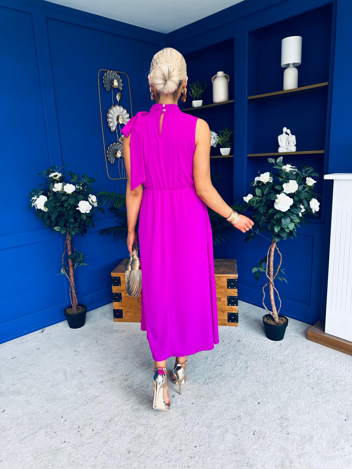 Joanna High Neck Bow Detail Midi Dress Orchid
