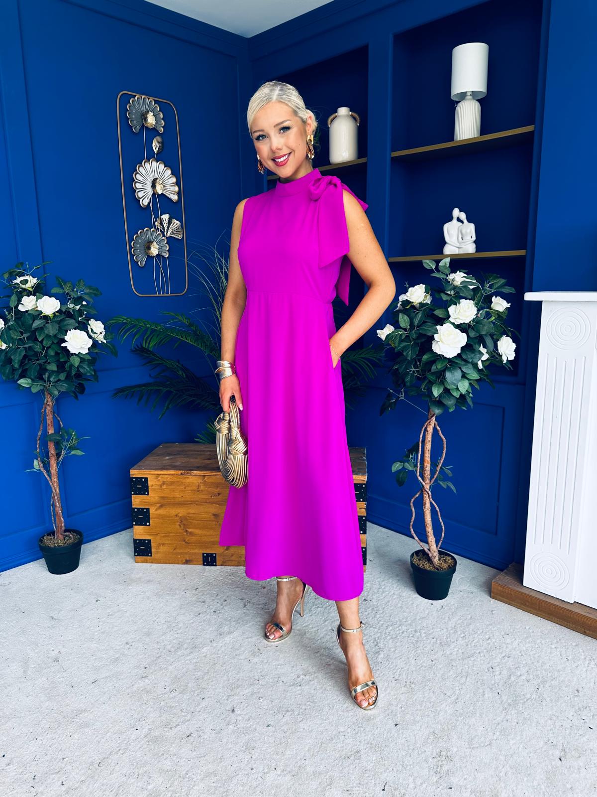 Joanna High Neck Bow Detail Midi Dress Orchid