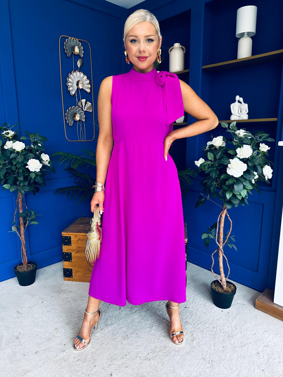 Joanna High Neck Bow Detail Midi Dress Orchid