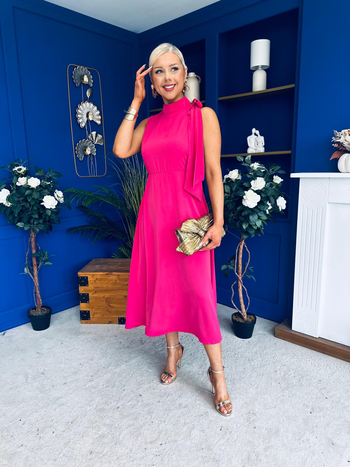 Joanna High Neck Bow Detail Midi Dress Fuchsia