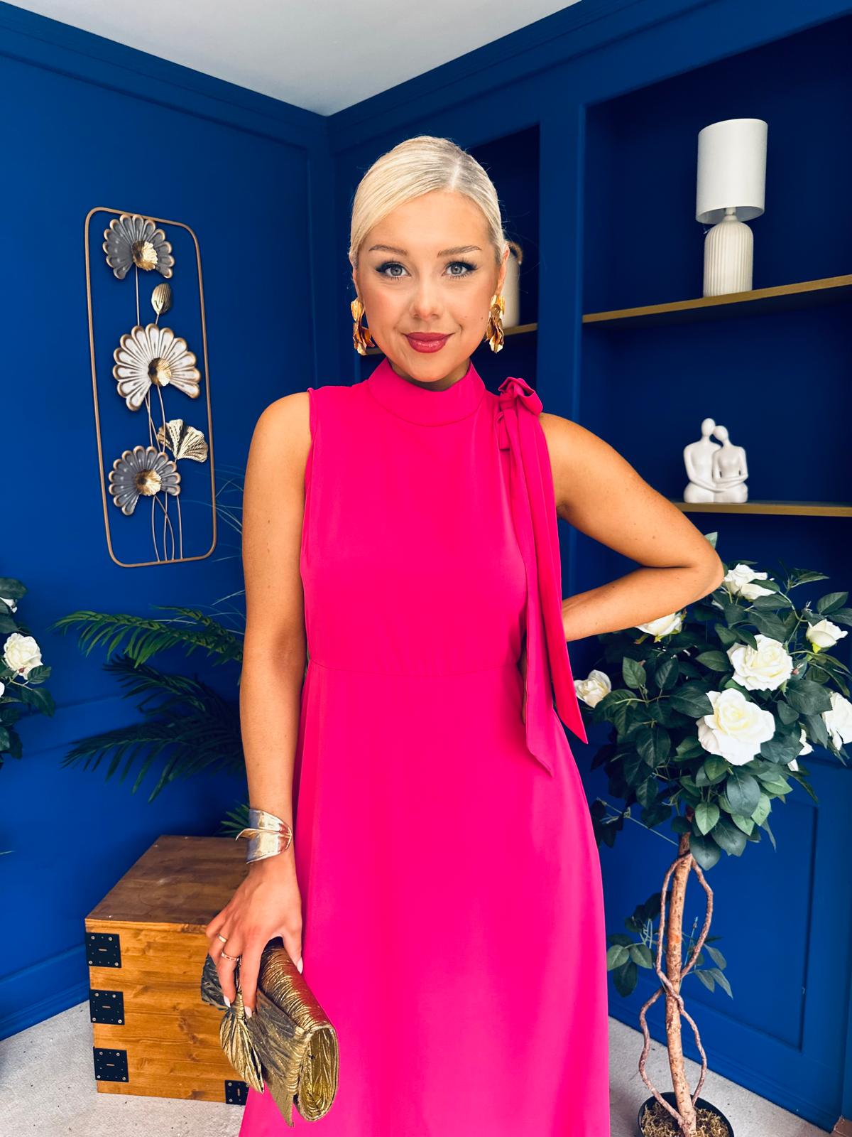 Joanna High Neck Bow Detail Midi Dress Fuchsia