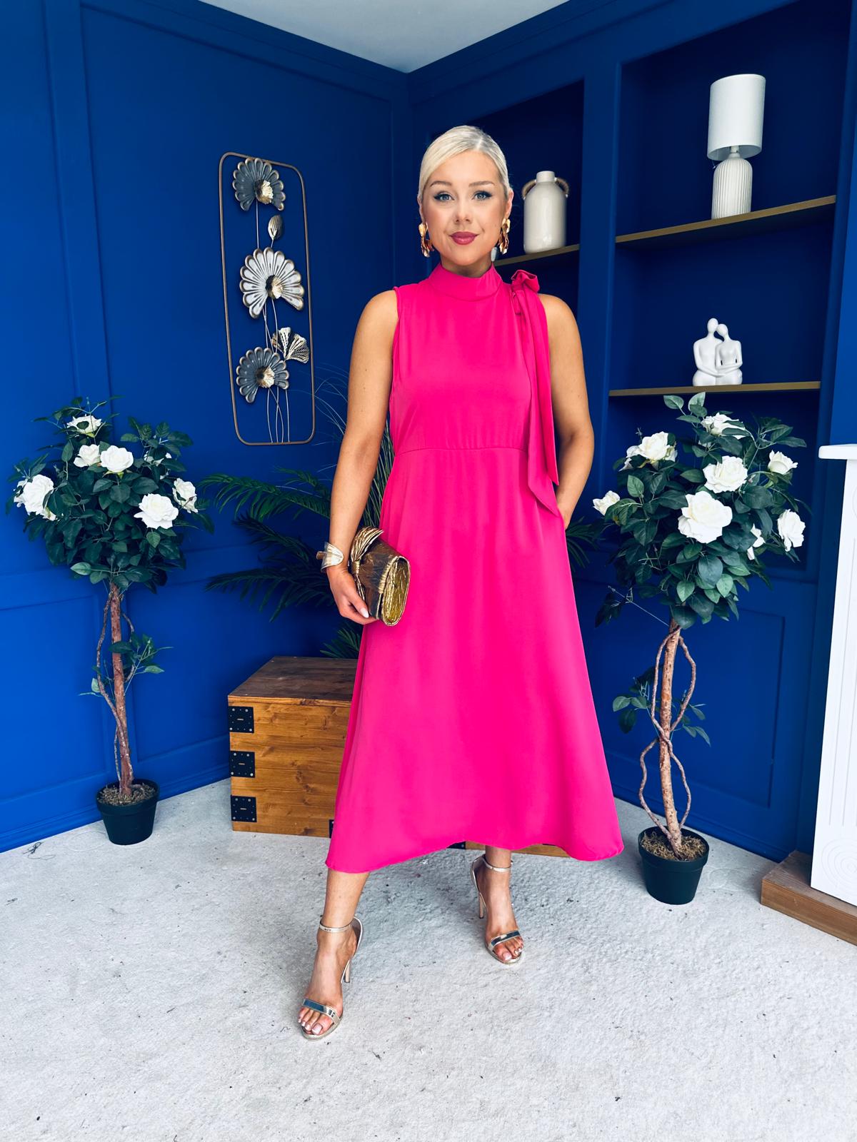 Joanna High Neck Bow Detail Midi Dress Fuchsia
