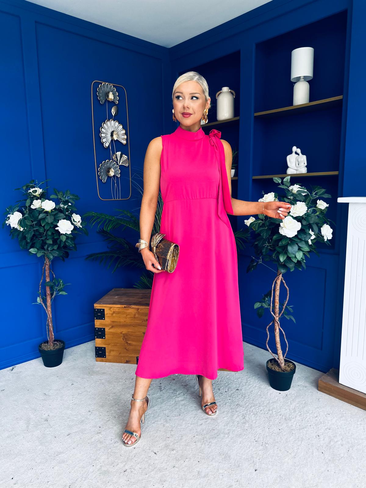 Joanna High Neck Bow Detail Midi Dress Fuchsia