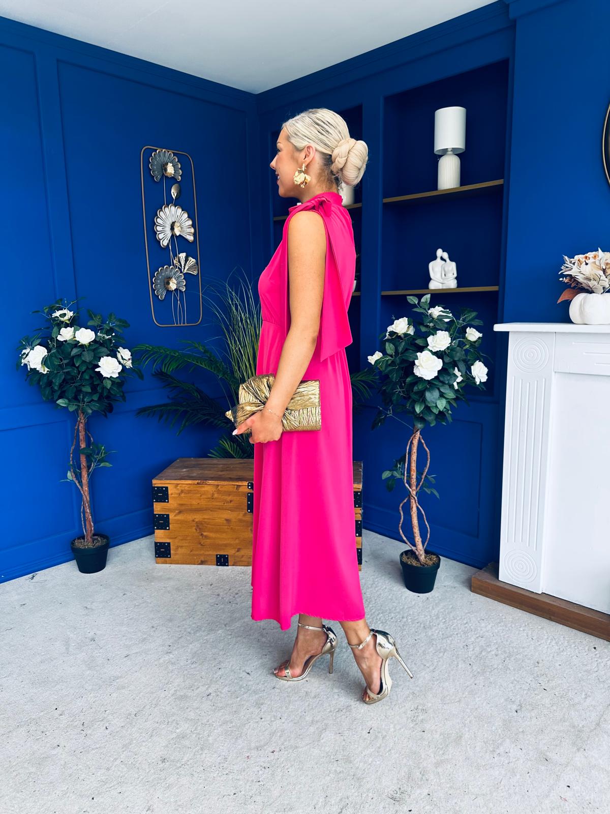 Joanna High Neck Bow Detail Midi Dress Fuchsia